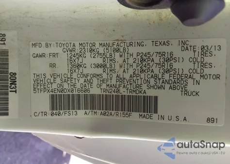 2013 Toyota Tacoma из США, поврежденный, VIN 5TFPX4EN0DX016606